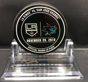 2019 San Jose Sharks vs LA Kings used warm up puck. 11-29-2019.  Fanatics serial number. AA0059946  "Stand not included"