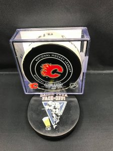 2018 Calgary Flames vs San Jose Sharks. 12-31-18 Game used Game 2nd period Puck.