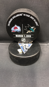 2019 San Jose Sharks vs Colorado Avalanche Used Warm up Puck. March 1 2019.