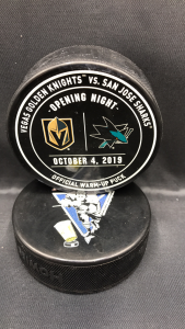 2019 San Jose Sharks vs Vegas Golden Knights Opening night used official warm up puck. October 4 2019.