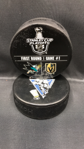 2019 San Jose Sharks vs Vegas Golden Knights Stanley Cup Playoffs Round 1 official warm up puck. Game 1.