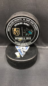 2019 San Jose Sharks vs Vegas Golden Knights Opening night used official warm up puck. October 4 2019.