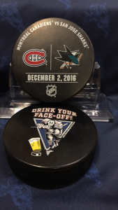 2016 San Jose Sharks vs Montreal Canadiens Official Used Warm up puck. December 2 2016.