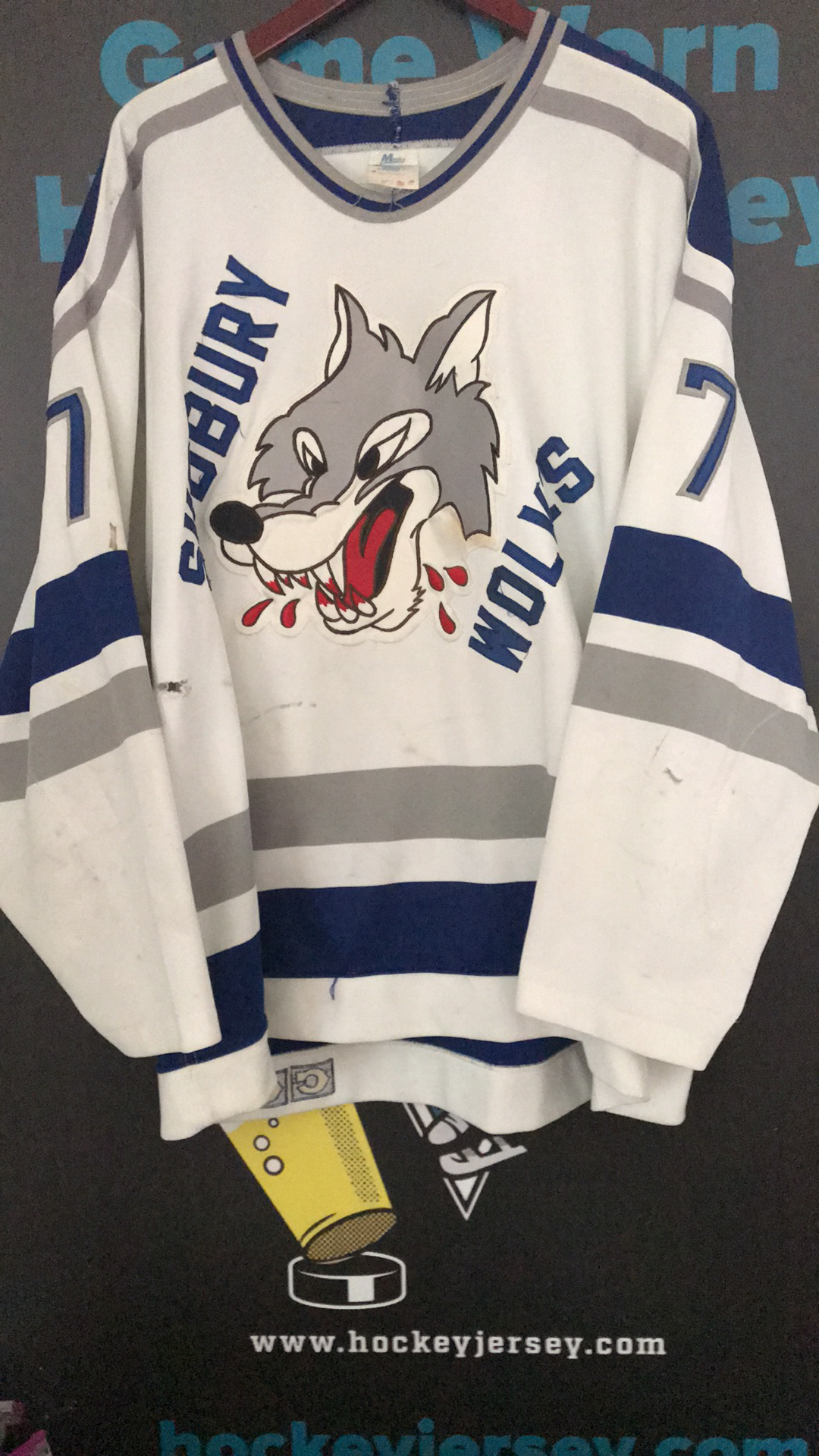1990's CHL Sudbury Wolves Game worn hockey jersey.