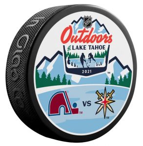 2021 Lake Tahoe Outdoor Games official puck. Colorado Avalanche vs Vegas Golden Knights. "Coming soon"