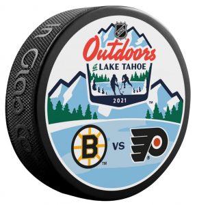 2021 Lake Tahoe Outdoor Games official puck. Boston Bruins vs Philadelphia Flyers.