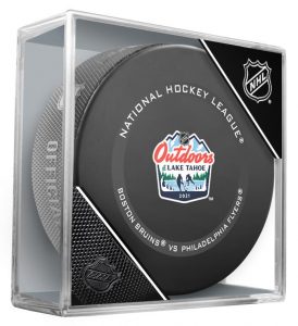 2021 Lake Tahoe Outdoor Games Official Game Puck with cube. "Coming soon" February 20 Colorado Avalanche vs Vegas Golden Knights. February 21 Boston Bruins vs Philadelphia Flyers.