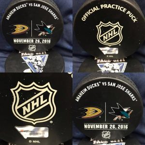 2016 San Jose Sharks vs Anaheim Ducks Official Used Warm Up Puck. 11-26-2016.