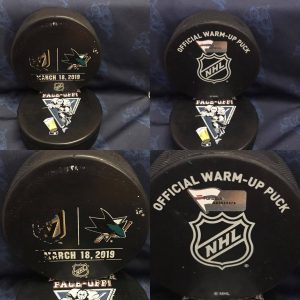 2019 San Jose Sharks vs Las Vegas Golden Knights official used warm Up Puck. #AA0025474. March 18 2019.