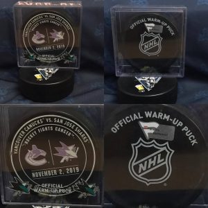 2019 San Jose Sharks vs Vancouver Canucks Official Used Warm up puck. #AA0059427 11-2-2019.