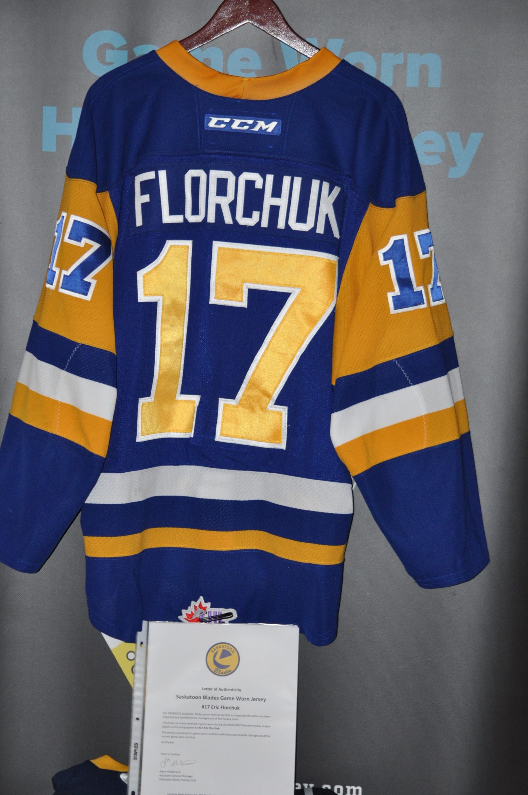 201819 WHL Saskatoon Blades 17 Eric Florchuk Game Worn jersey. CCM