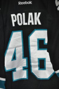 2015-2016 San Jose Sharks Roman Polak Game Worn jersey. Reebox Size. Color-Black Issued 2-27-16 Expired 4-8-16