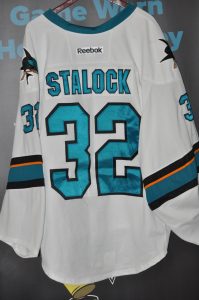 2013 San Jose Sharks Alex Stalock Game Worn Rookie jersey with 25 year patch "RARE"