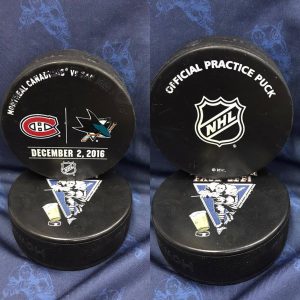 2016 San Jose Sharks vs Montreal Canadiens Official Used Warm Up Puck. 12-2-2016.