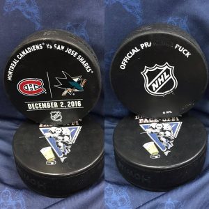 2016 San Jose Sharks vs Montreal Canadiens Official Used Warm Up Puck. 12-2-2016.