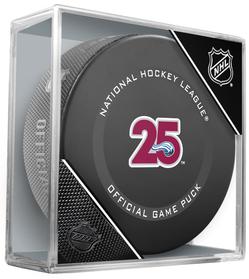 2021 Colorado Avalanche 25th Anniversary NHL Official Game puck with case.