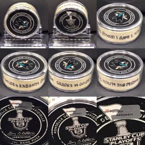 2019 San Jose Sharks Stanley Cup Playoffs. Round 1 Game 2 1st Period Game used puck . San Jose Sharks vs Vegas Golden Knights.  #AA0026873