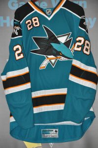 2009-10 San Jose Sharks. #28 Jay Leach. Teal Playoff set. Size 58 + Reebok. Obtained from team.