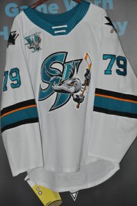 2019-20 AHL San Jose Barracudas. #79 Thomas Gregoire. 5 year San Jose Barracuda patch. CCM White. Size 54. Obtained from team.