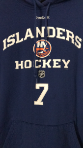 New York Islanders Worn/Used Players Hoodie.  #7 Reebok.  Screened on Logo on front.  Sewn on #7 on front.  Sz L/XL?  Obtained from team years ago.