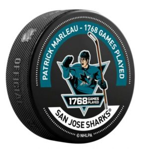 San Jose Sharks 14 Patrick Marleau.  Patrick Marleau Record Breaking 1768 Most NHL Games Played Warm Up Puck.   San Jose Sharks Team Exclusive.  Limited Edition.  Regulation size 6-ounce puck.  3-inch diameter 100% vulcanized rubber.  "Not Game Used"
