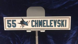 #55 San Jose Sharks Sasha Chmelevski Road Locker Room Nameplate.