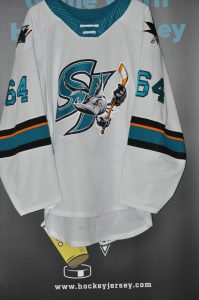 2021 AHL San Jose Barracudas #64 Jake McGrew. CCM White. Size 56. Obtained from team. Jersey shows great wear.