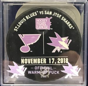 St.Louis Blues vs San Jose Sharks "Hockey Fights Cancer Night" November 17, 2018 Official Warm Up Puck with Sharks case.