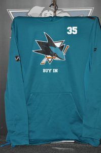 San Jose Sharks #35 Andrew Shortridge teal team issued Hoodie. Obtained from team.