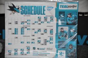 2021-22 San Jose Sharks Magnet schedule with opening night pin.