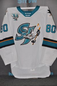 2019-20 AHL San Jose Barracudas. #80 Keaton Middleton. 5 year anniversary patch. CCM White. Size 58. Obtained from team.